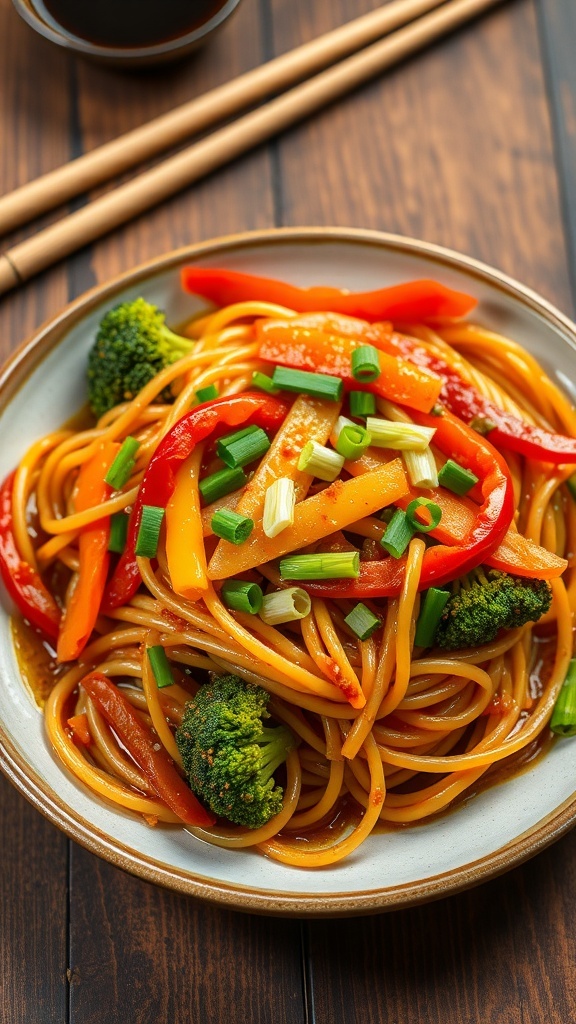 Stir-Fried Noodles with Vegetables Recipe Stir-fried noodles with vegetables on a plate, garnished with green onions, served with chopsticks.